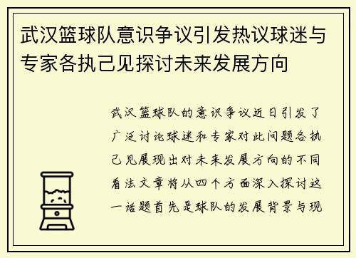 武汉篮球队意识争议引发热议球迷与专家各执己见探讨未来发展方向